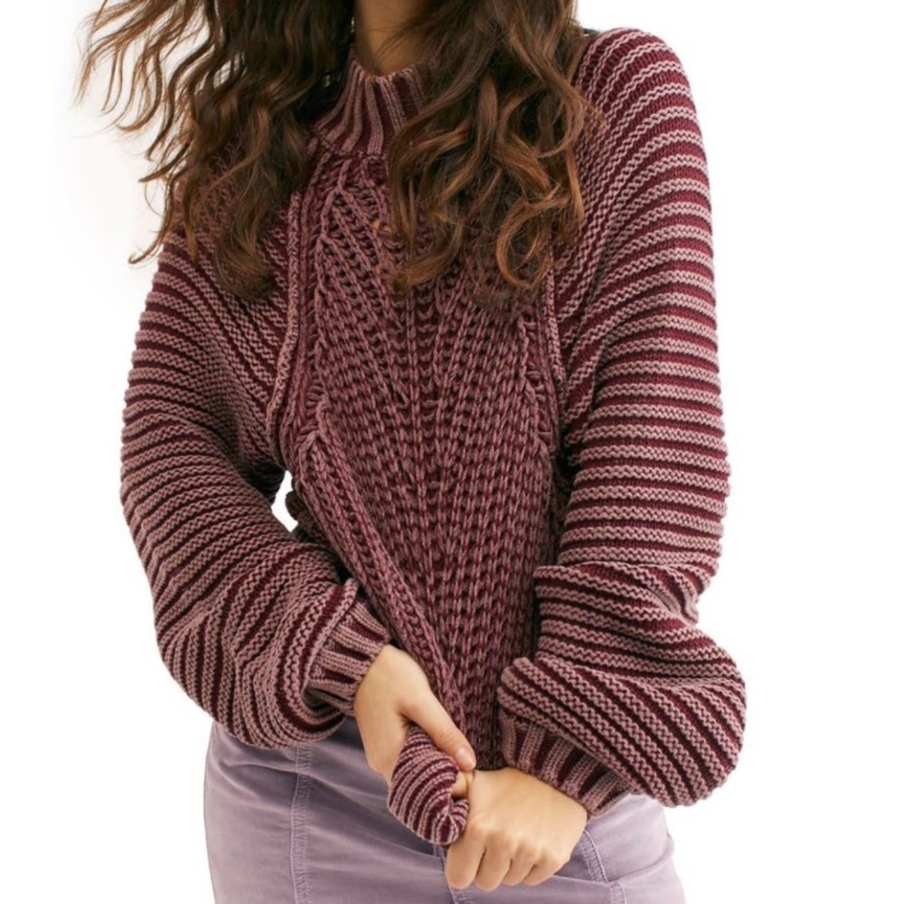 Free People Mauve Striped Cable Knit Cowl Sweater